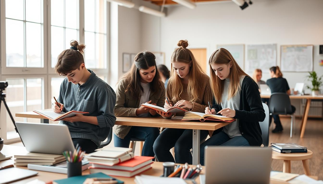 Students studying together in modern classroom